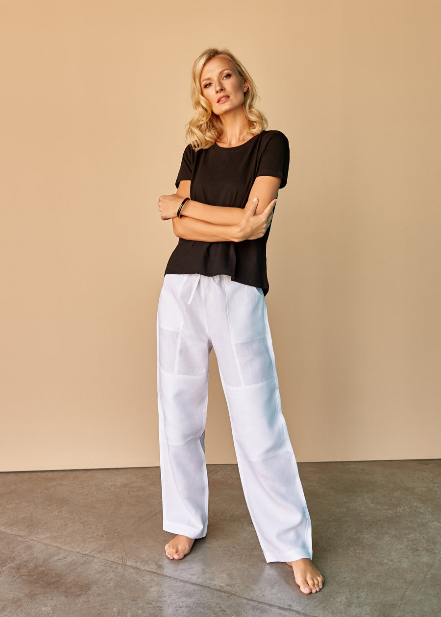 Velero Italian Linen Drawstring Pants in White & Navajo White